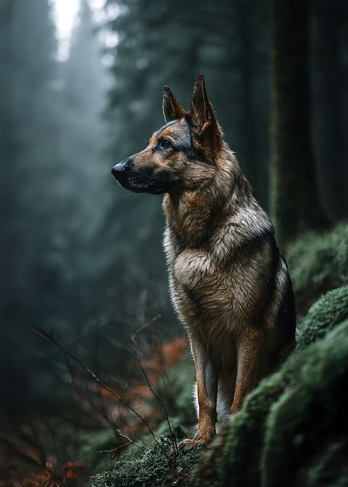 German Shepherd in a Misty Forest
