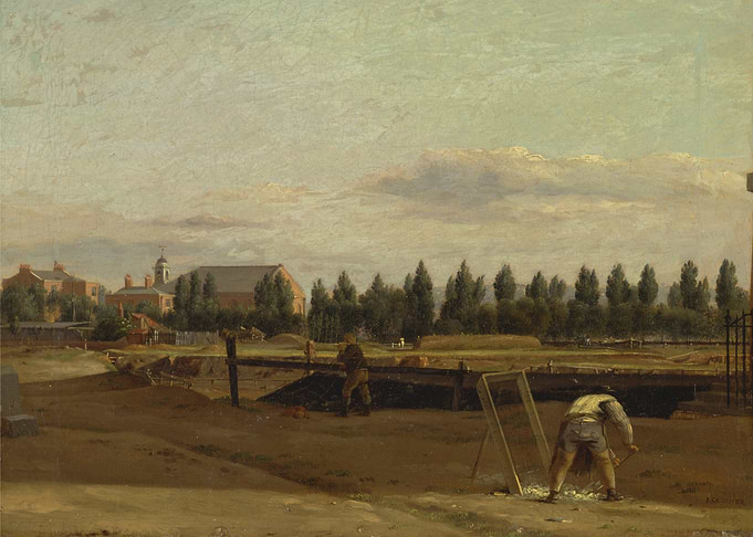 Construction Scene with Workers and Buildings