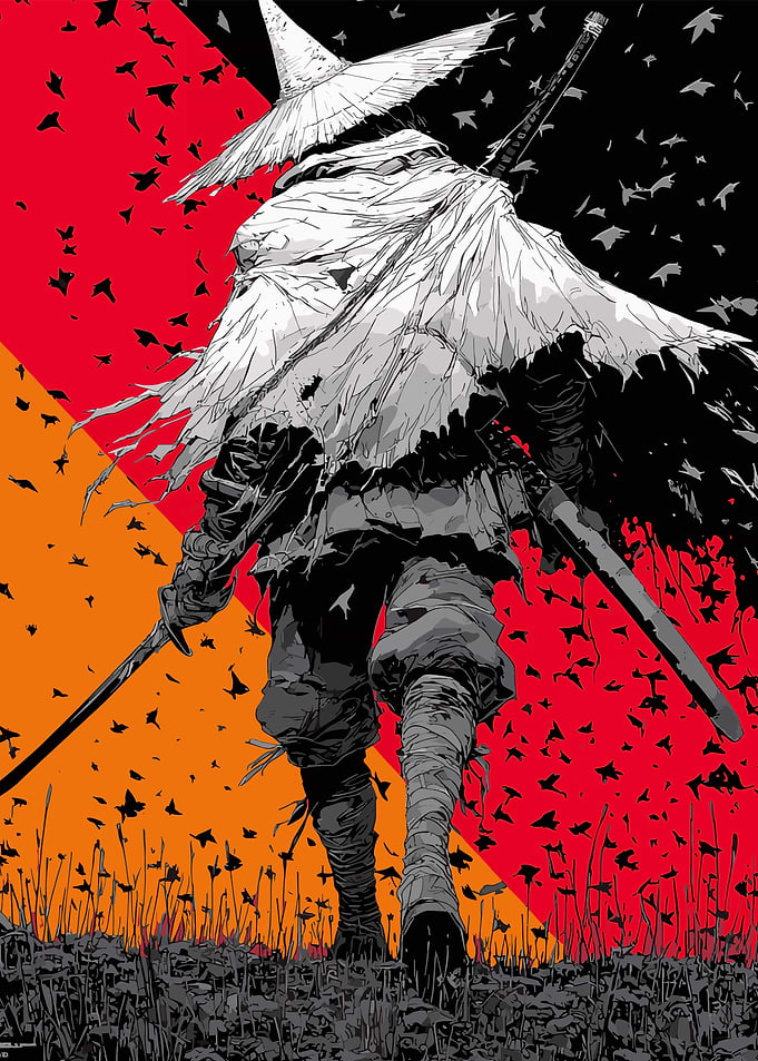 Samurai Warrior with Swords and Birds
