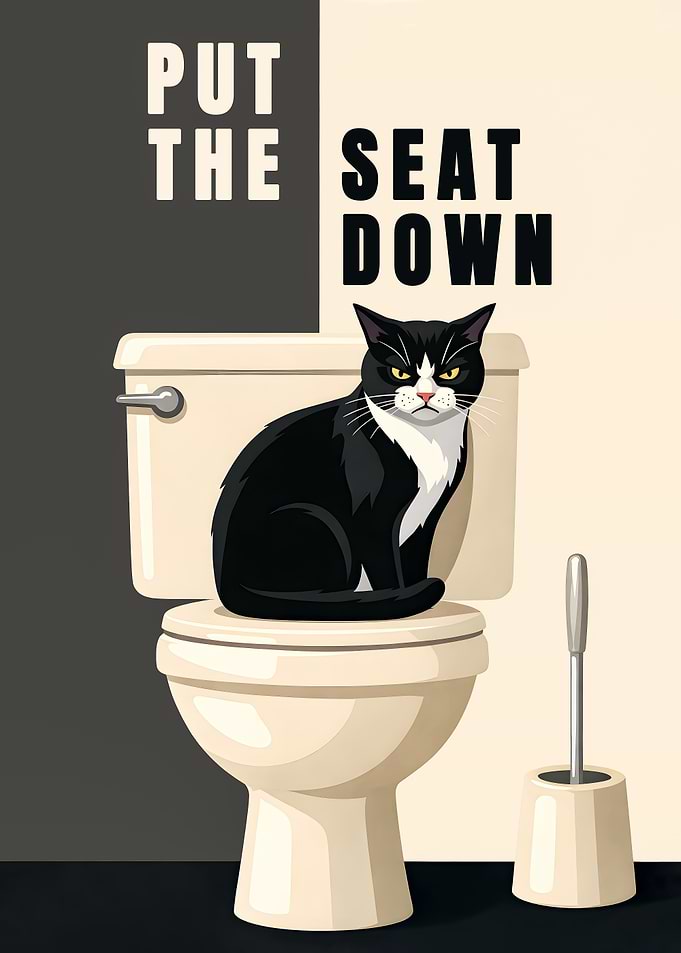 Put The Seat Down Funny Tuxedo Cat Metal Poster - Retro Bathroom Wall Art - Minimalist Pet Decor