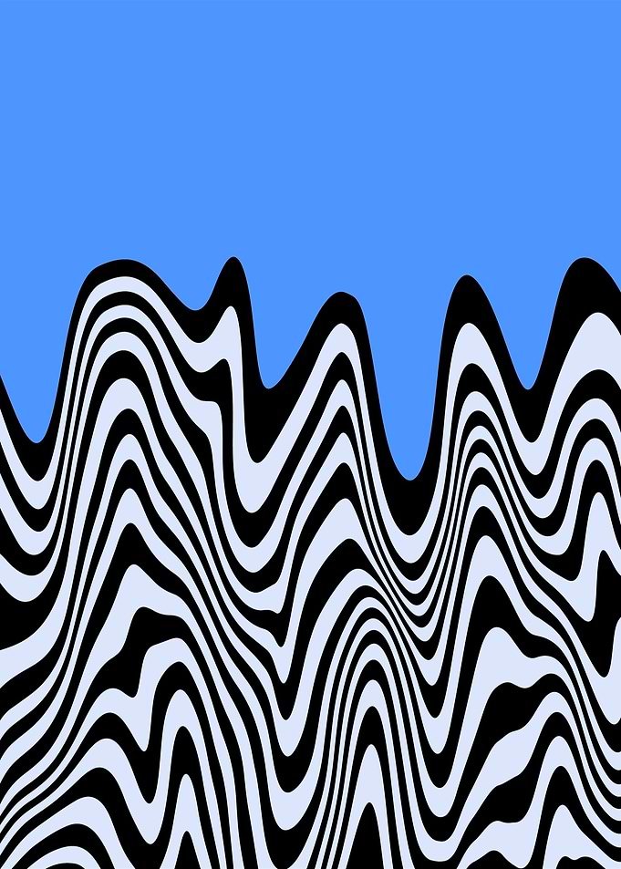 Abstract Wavy Black and White Stripes on Blue