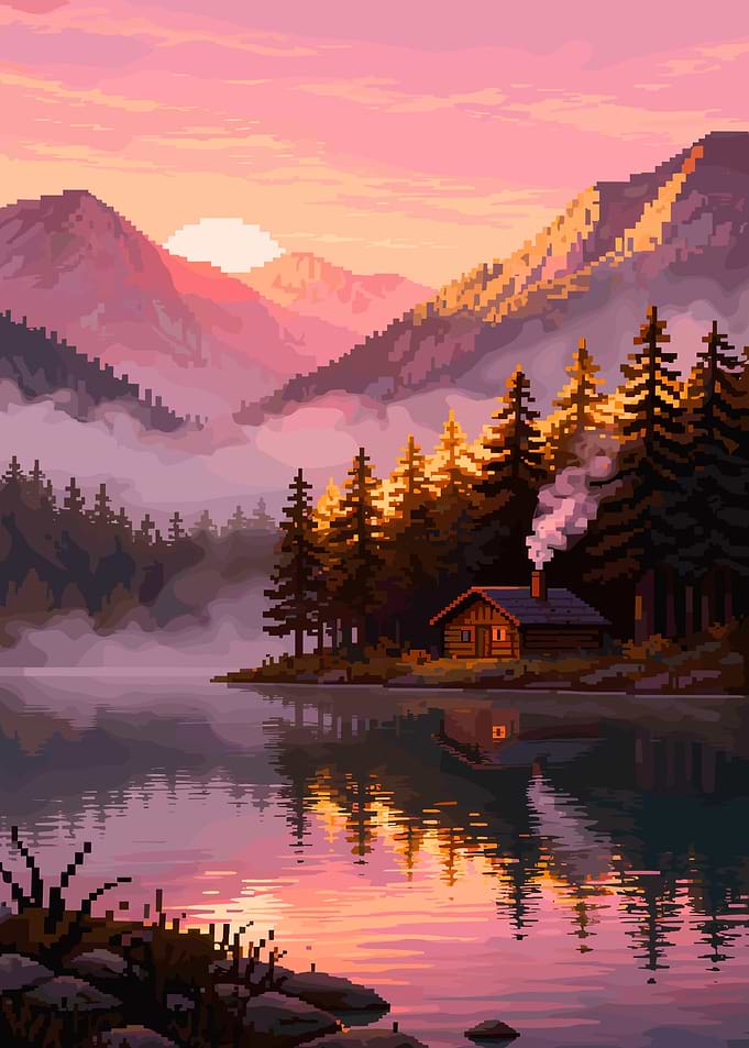 Pixel Art Cabin by Lake at Sunset
