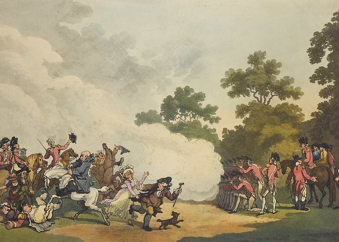 Chaotic Battle Scene with Soldiers and Civilians