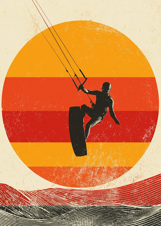 Kitesurfer silhouette against a retro sunset