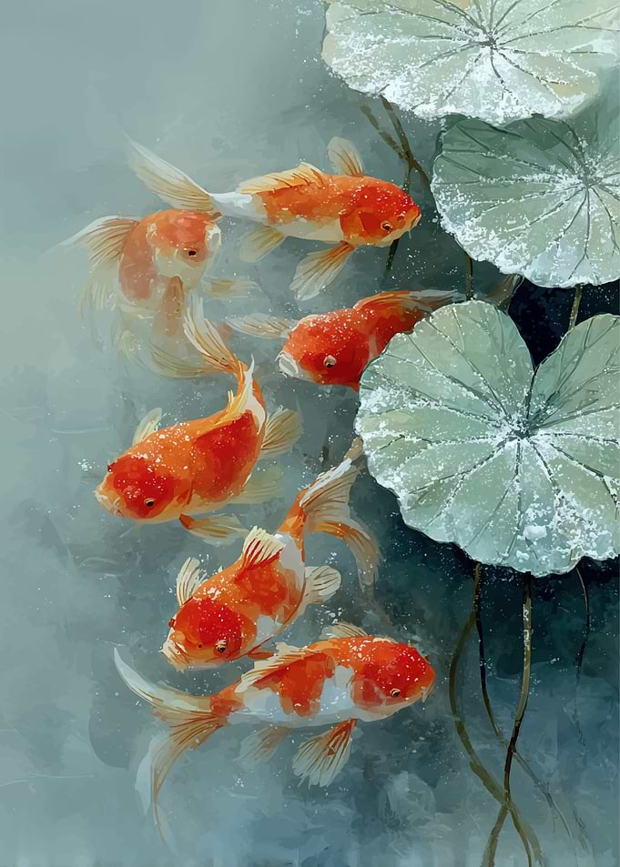 Goldfish swimming near lotus leaves