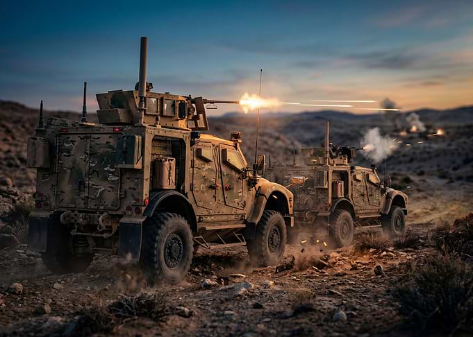 Military vehicles firing in desert