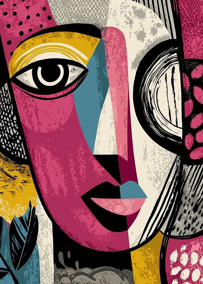 Abstract Cubist Portrait with Bold Colors