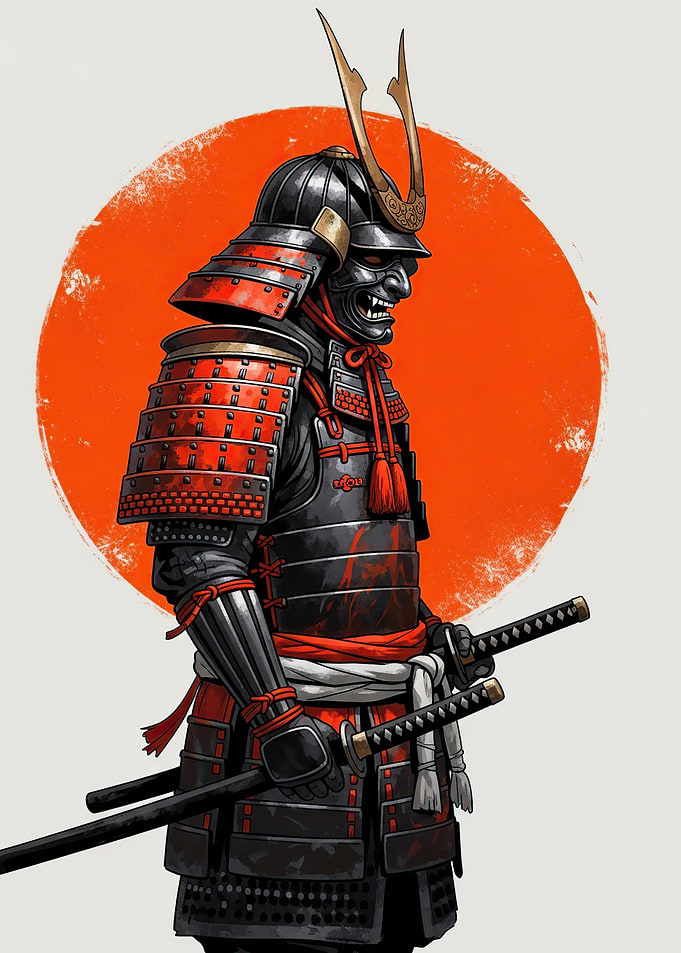 Samurai Warrior with Katana and Red Sun