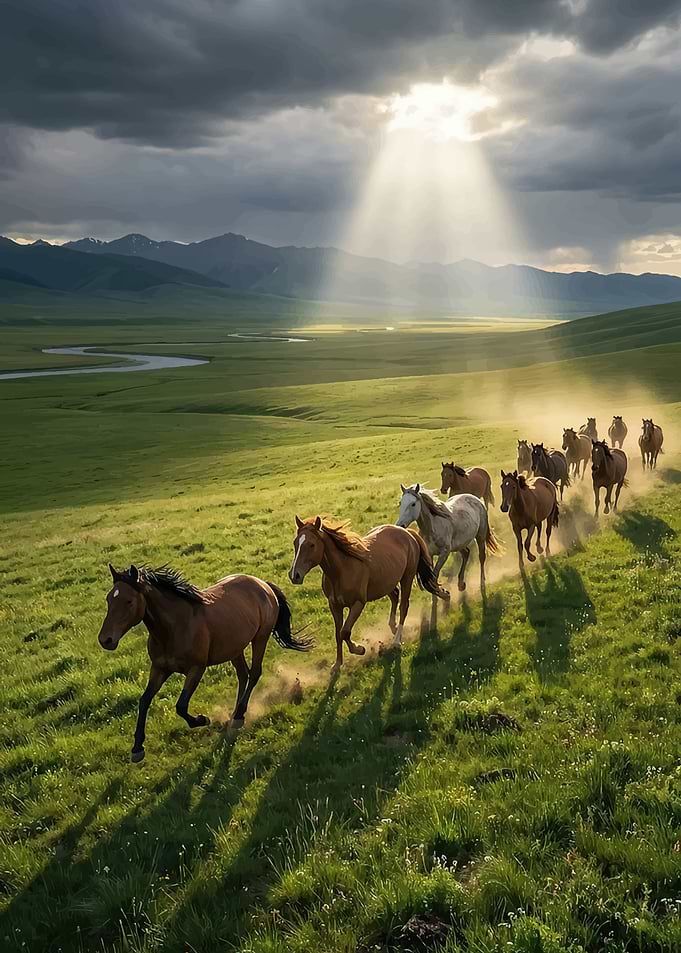 Horses Running Through a Grassy Landscape
