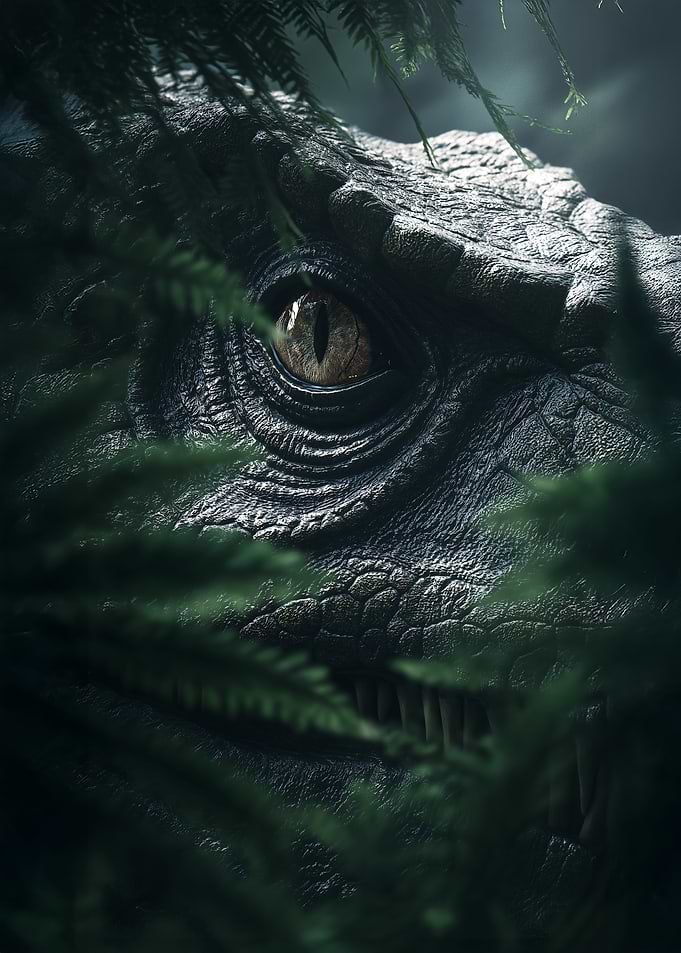 Dinosaur Eye Peeking Through Ferns