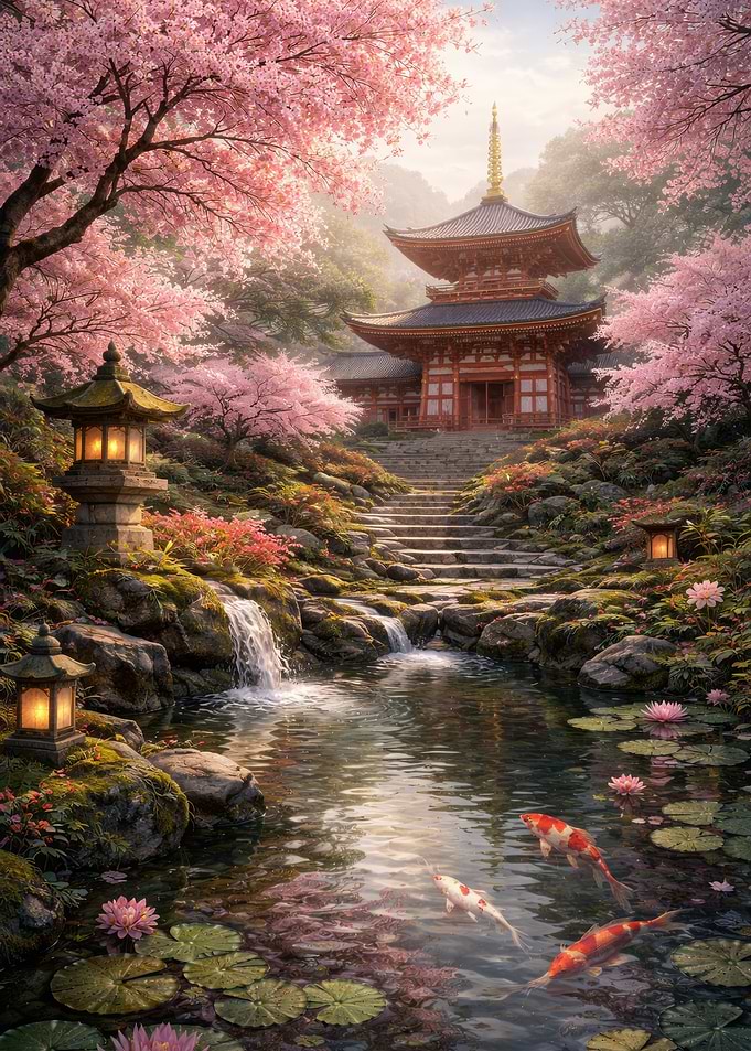 Japanese Temple Garden with Koi Pond