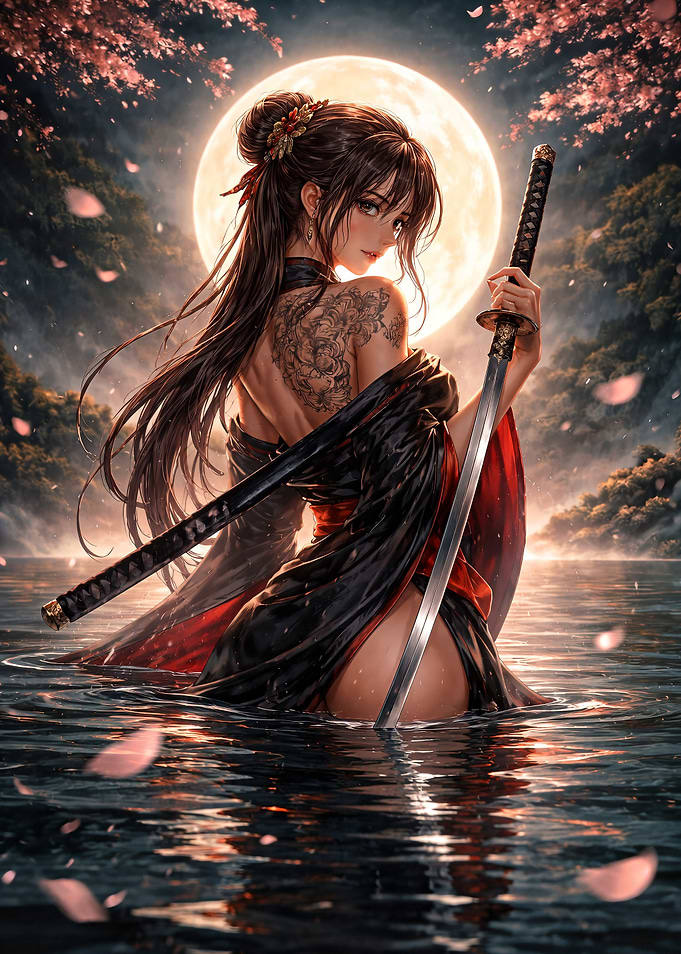 Samurai Woman in Moonlit Water