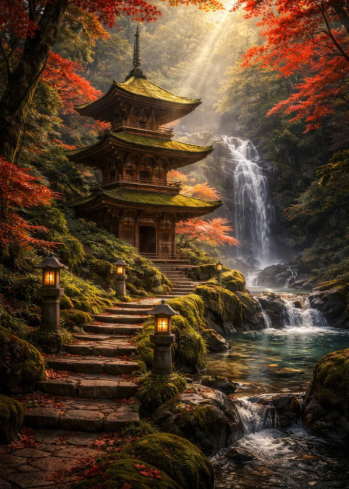 Japanese Pagoda by Waterfall
