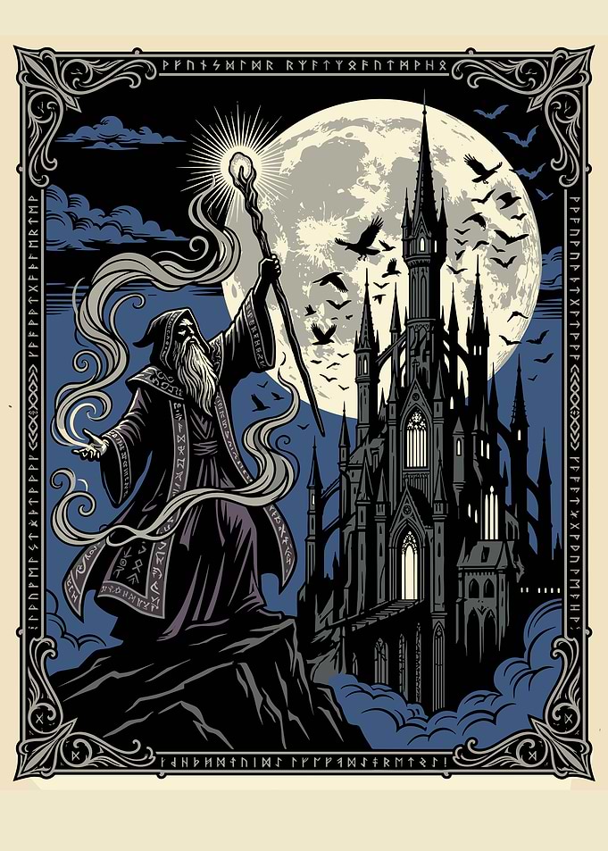 Wizard and Castle Under the Moon