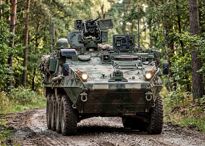 Military Stryker Armored Vehicle on Forest Road
