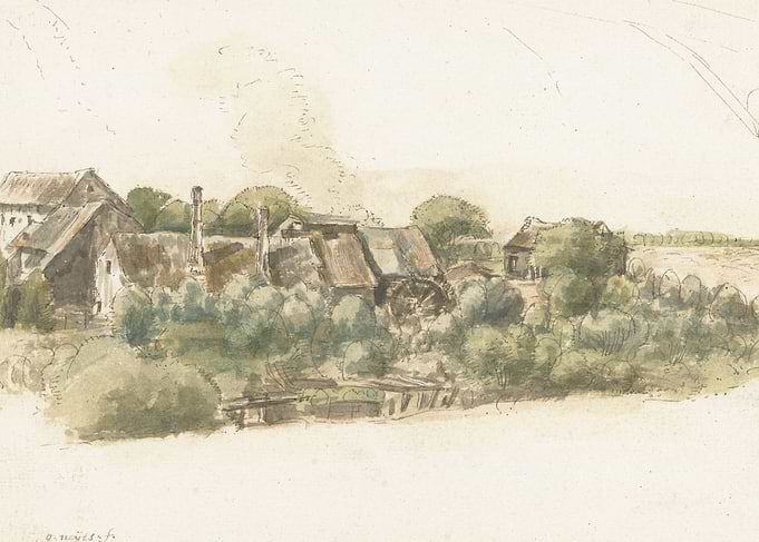 Watercolor painting of a watermill and farm buildings