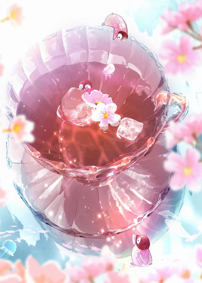 Cute Characters in a Teacup with Cherry Blossoms