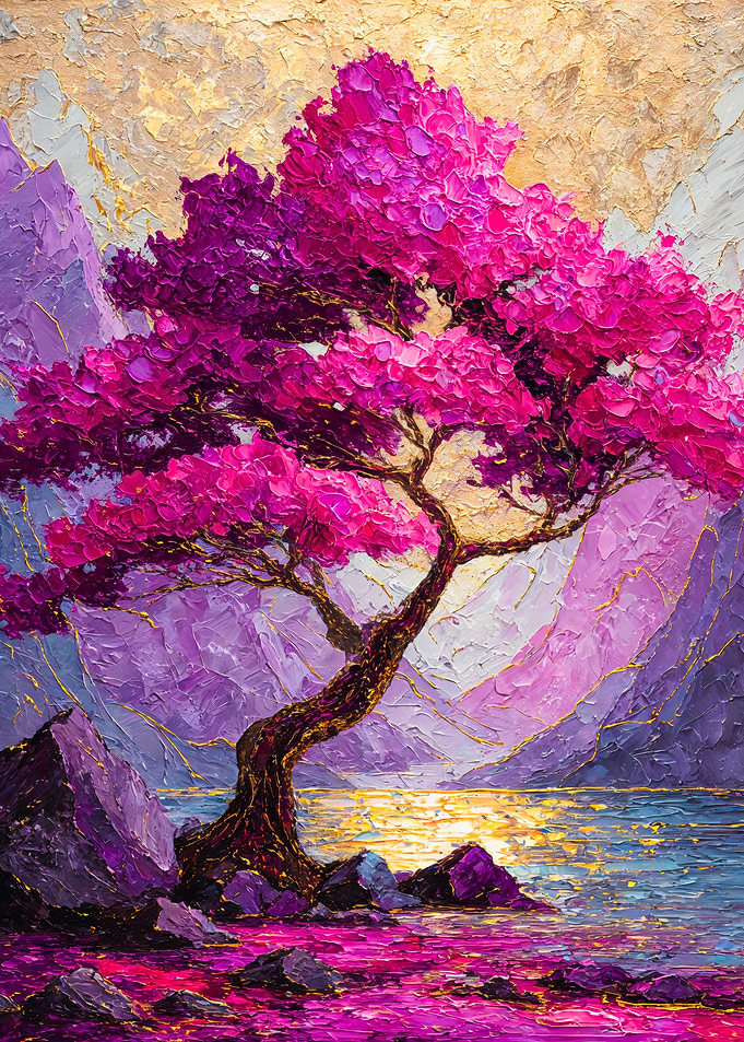 Magenta Tree Purple Mountain Painting