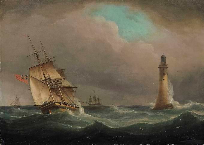 Ship and Lighthouse in Stormy Seas