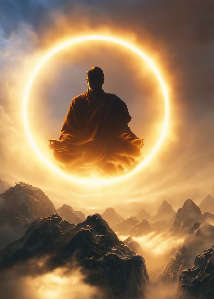 Monk meditating in a sun halo