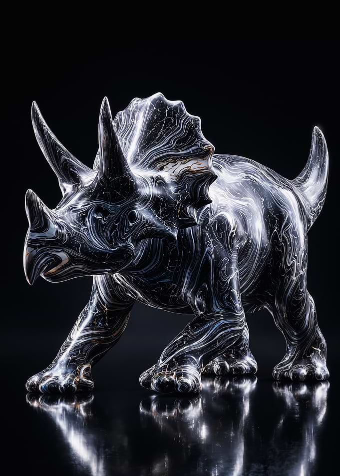 Black Marble Triceratops Dinosaur Art