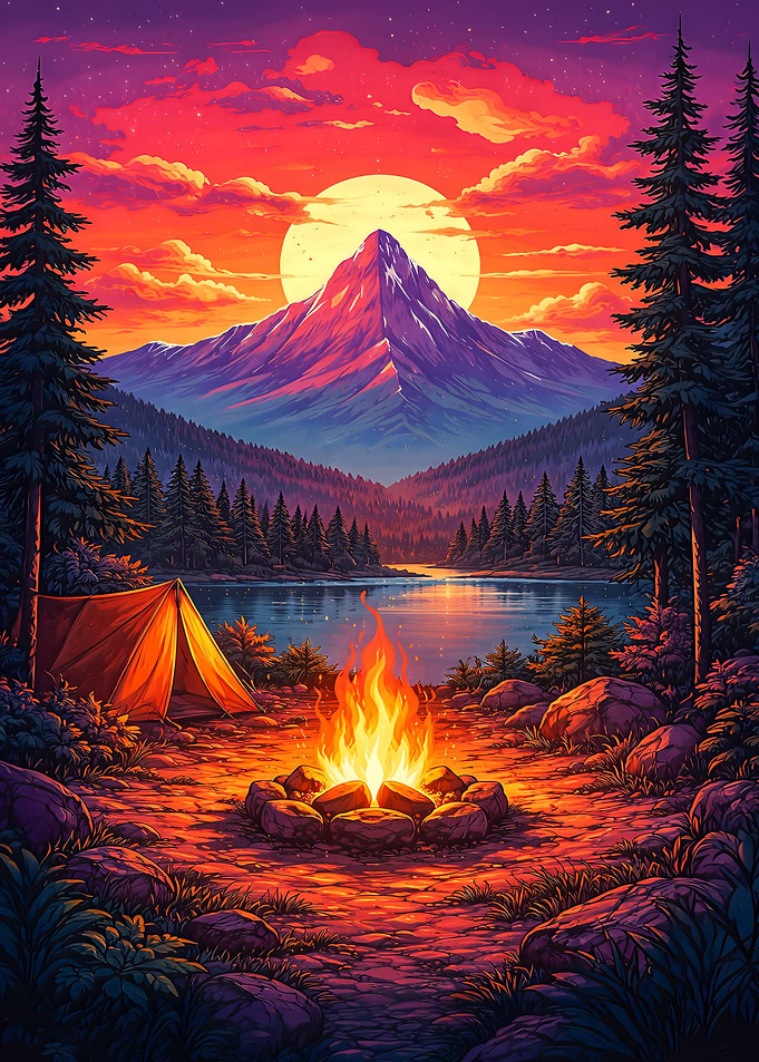 Camping by a Mountain Lake at Sunset