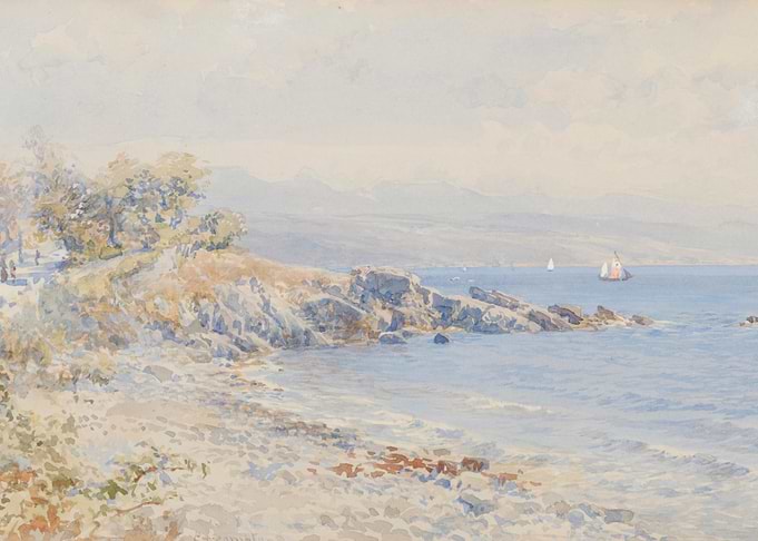 Seascape with Rocky Shore and Sailboats