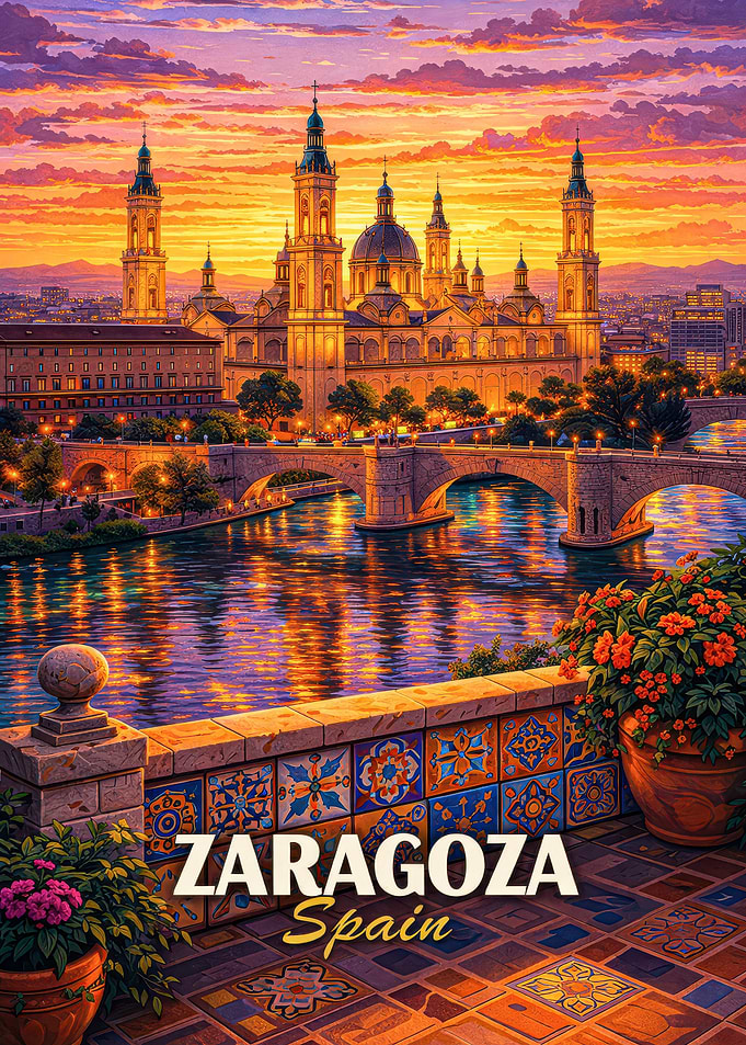 Zaragoza Spain Cityscape at Sunset