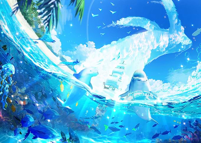 Underwater Fantasy with Dolphins and Ship