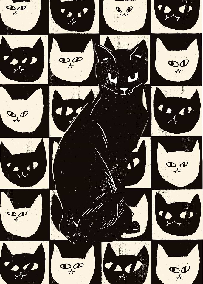 Black Cat Amidst Cat Faces Pattern