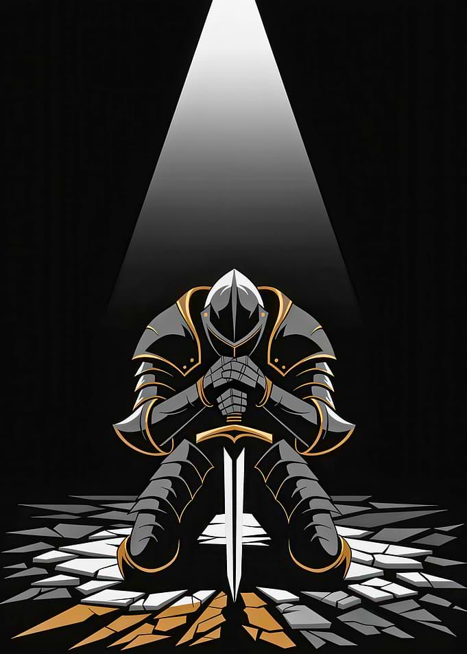 Kneeling Knight In Dark Armor Illustration