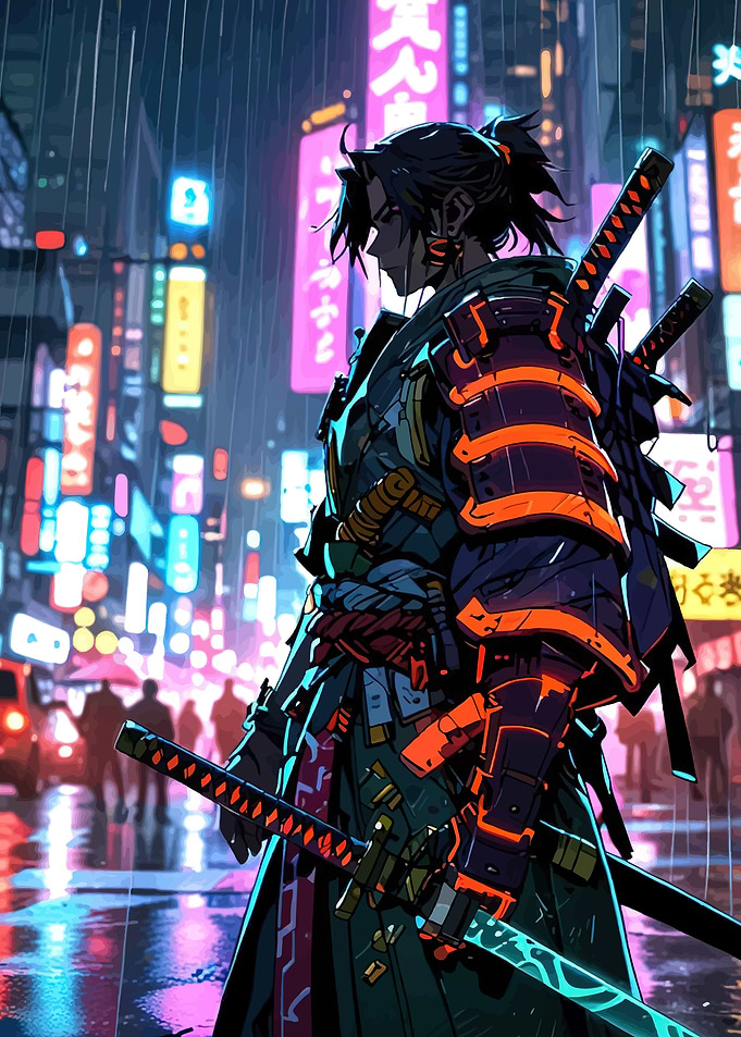 Cyberpunk Samurai in Neon City