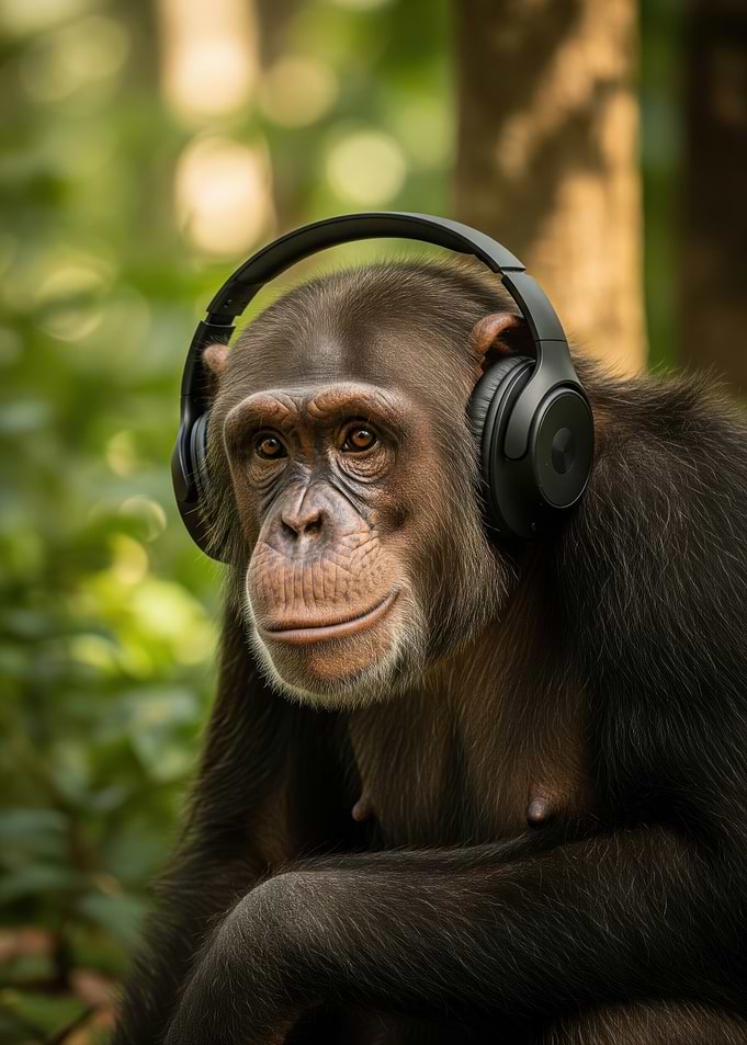 Chimpanzee wearing headphones in forest