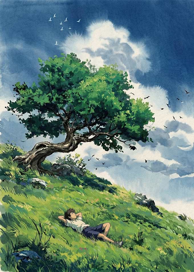Boy resting under a tree