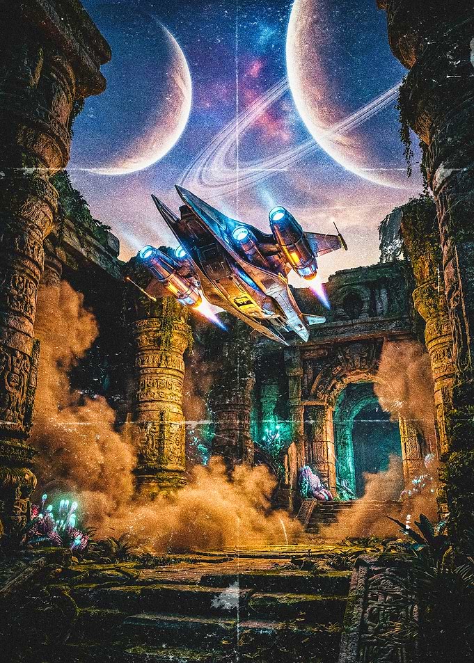 Spaceship in ancient alien ruins