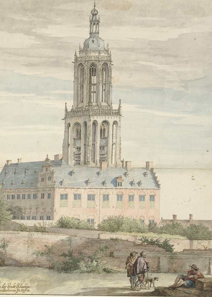 Watercolor painting of a city tower and building