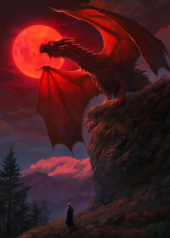 Dragon and Human Under Red Moon