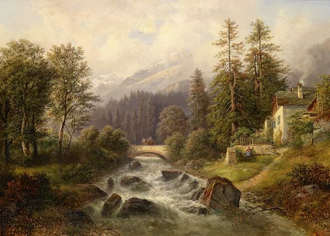 Alpine River Scene with House and Bridge