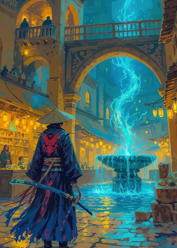 Samurai by a Magical Fountain