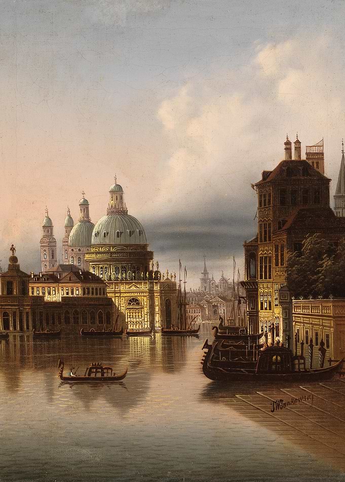 Venetian Canal Scene with Gondolas and Architecture