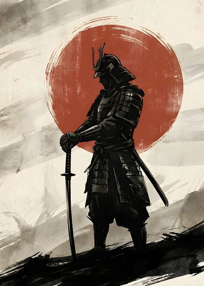 Samurai Warrior with Katana and Sun Symbol