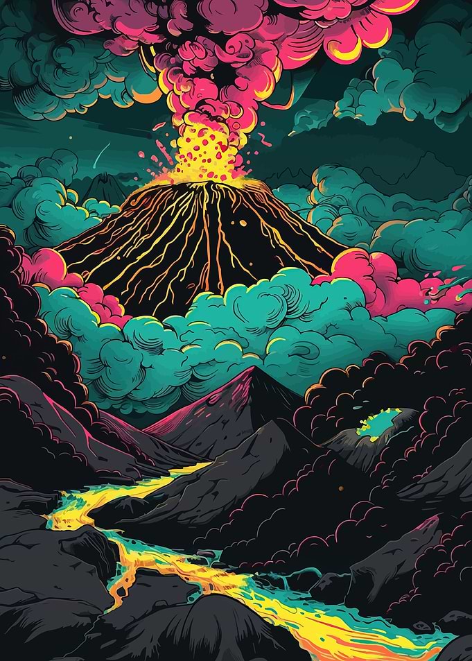 Volcano Eruption with Lava River