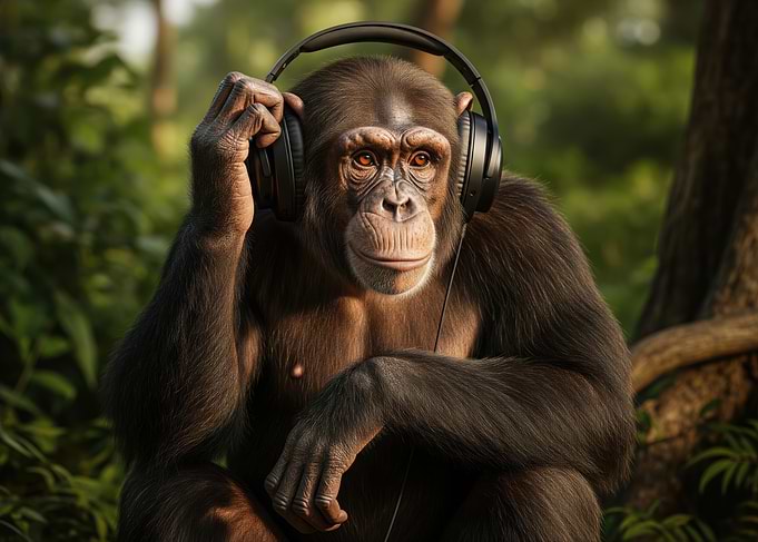 Chimpanzee wearing headphones in forest