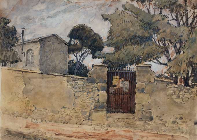 Watercolor painting of a stone wall and gate