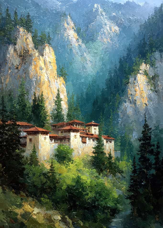 Monastery nestled in a mountain valley