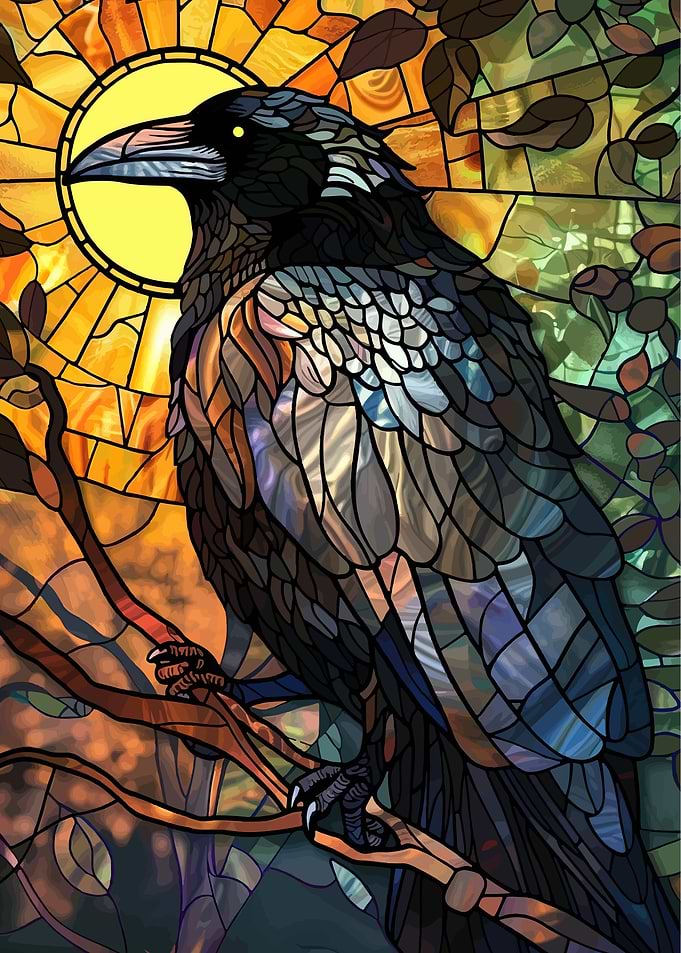 Stained Glass Raven and Sun