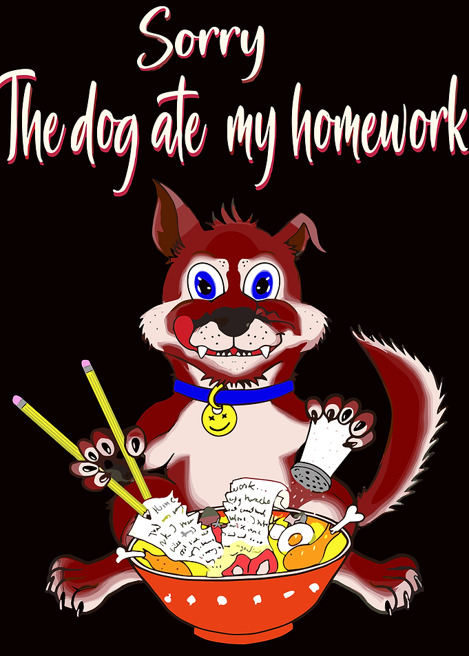Dog eating homework in ramen bowl