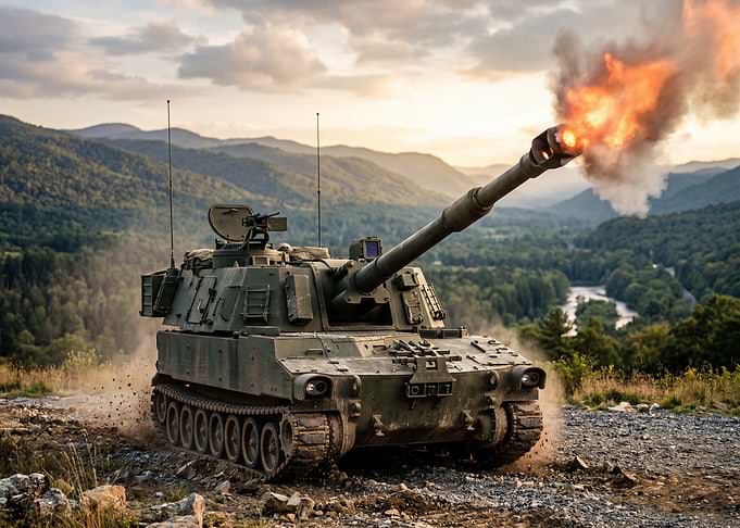 Self-propelled howitzer firing in mountains