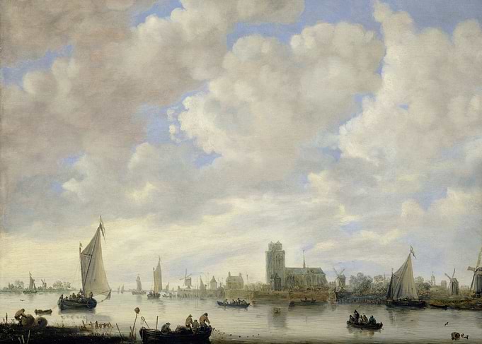Dutch River Scene with Sailboats and Cityscape