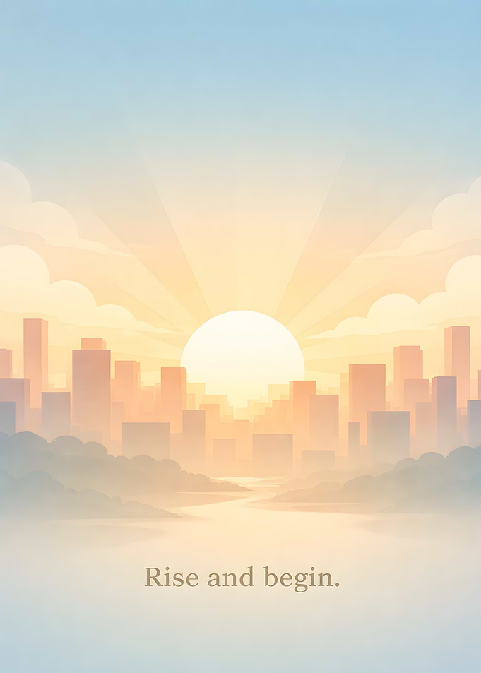 Sunrise over a misty cityscape
